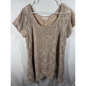 Brittany Black Taupe Lace Sequin Blouse Top Women's Short Sleeve Lined Boho